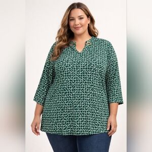Liz Claiborne Plus Size Green Geometric Tunic Top | Casual 3/4 Sleeve Blouse